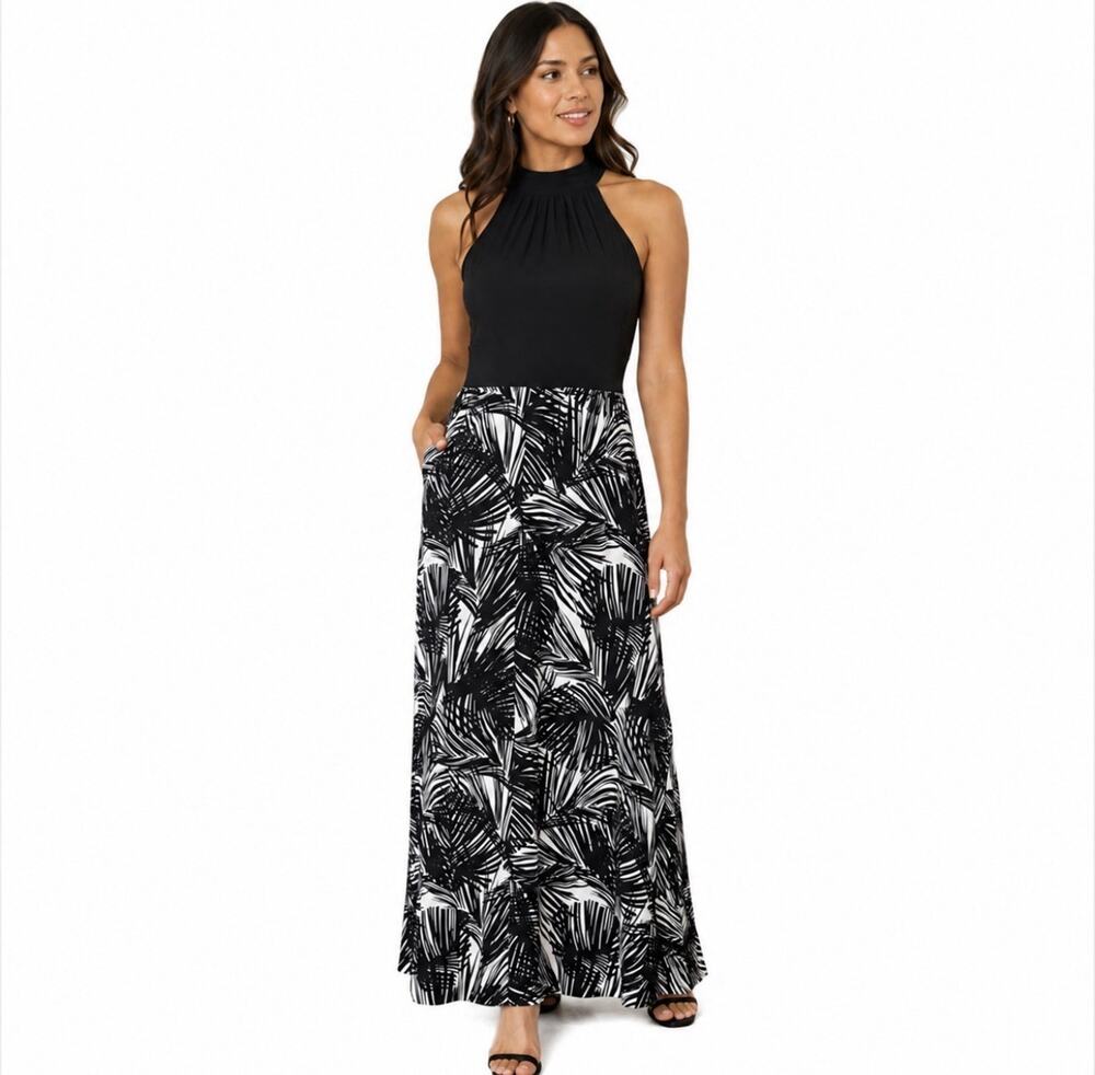 New York & Company Maxi Dress Women's Medium Black White Palm Print Sleeveless